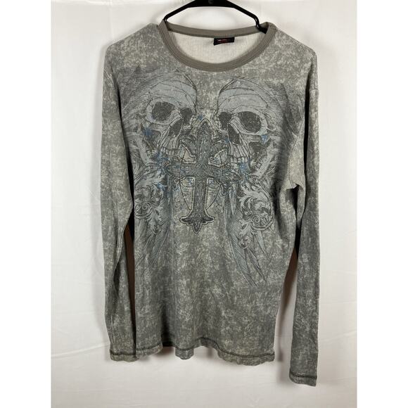 MMA Elite Men’s Large Skull Wings Thermal Long Sleeve Shirt Gray Waffle Knit - Picture 1 of 8